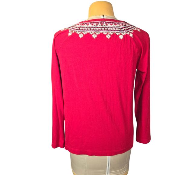 J Jill Women Medium Embroidered Henley Top Red Cotton Modal Casual Boho Festival - Picture 4 of 10